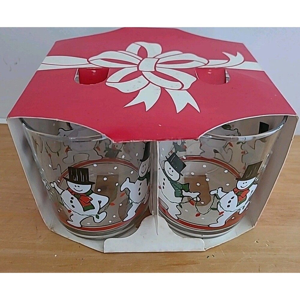 Set 4 Libbey Dancing Snowmen Lowball Drinks Glasses 12 Oz Christmas Winter Vtg